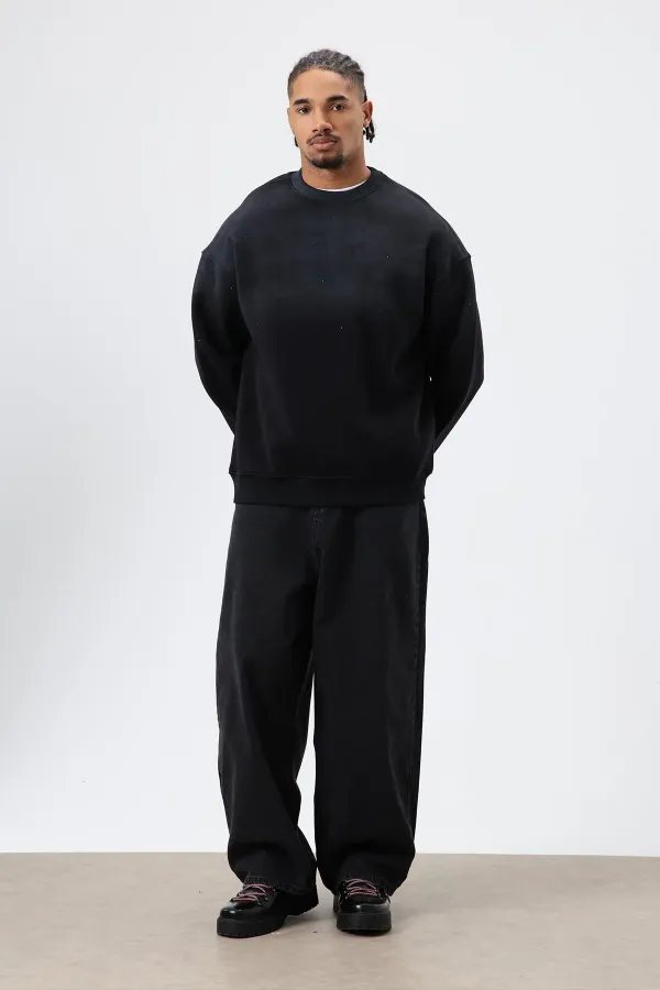 Yıkamalı Taş Detaylı Oversize Sweatshirt Siyah