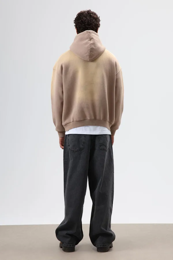 Sweat à capuche oversize imprimé délavé, couleur vison