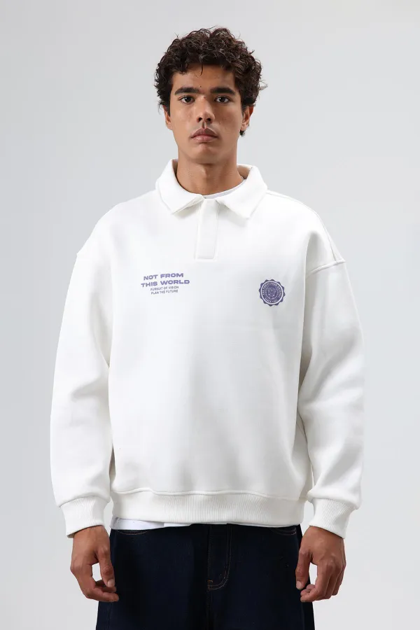 Sweat-shirt oversize à col polo imprimé délavé, écru