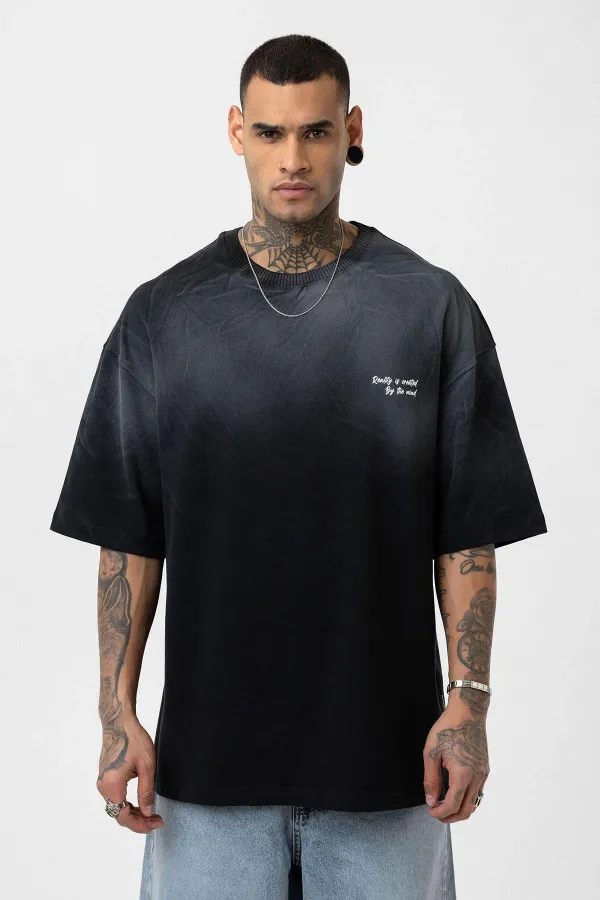 Yıkamalı Yazı Detaylı Oversize Tişört Siyah
