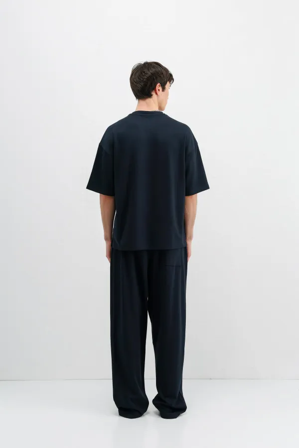 Fitilli Dokulu Oversize Tişört Lacivert