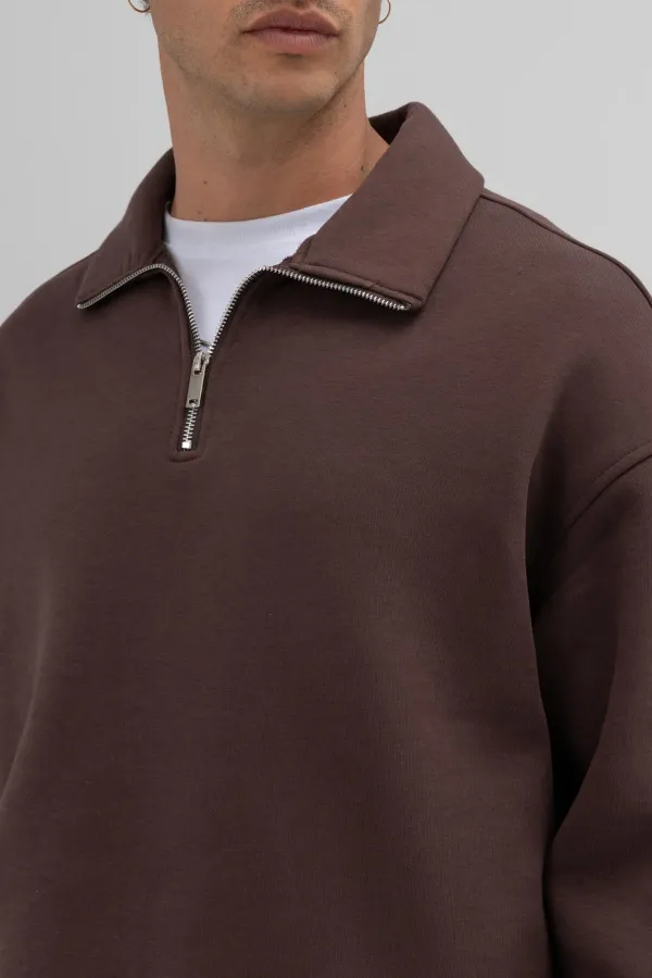 Oversize Zip-Up Stand-Up Collar Sweatshirt, Brown
