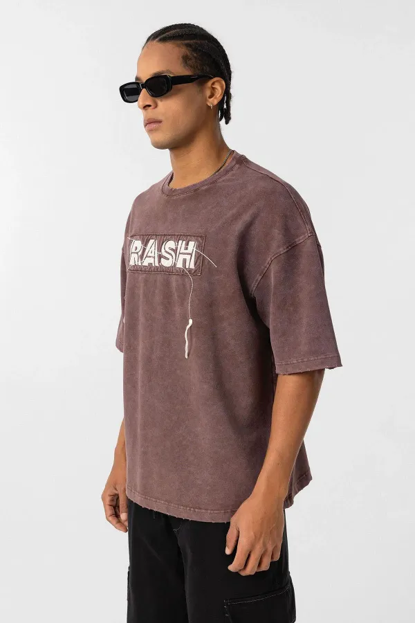 Yıkamalı Oversize Baskılı Tişört Kahve