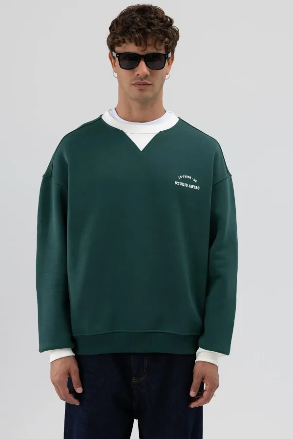 Oversize Bisiklet Yaka Baskılı Sweatshirt Nefti