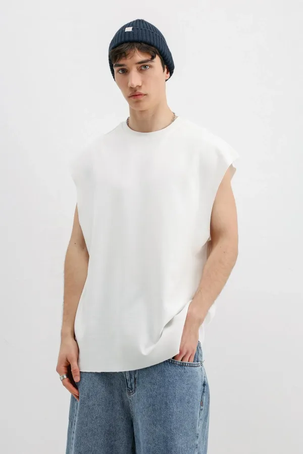 Oversize Kolsuz Basic Tişört Ekru