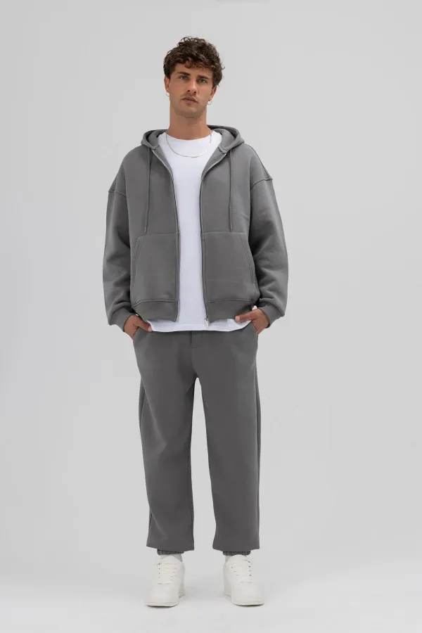 Sweat à capuche basique oversize zippé, gris foncé