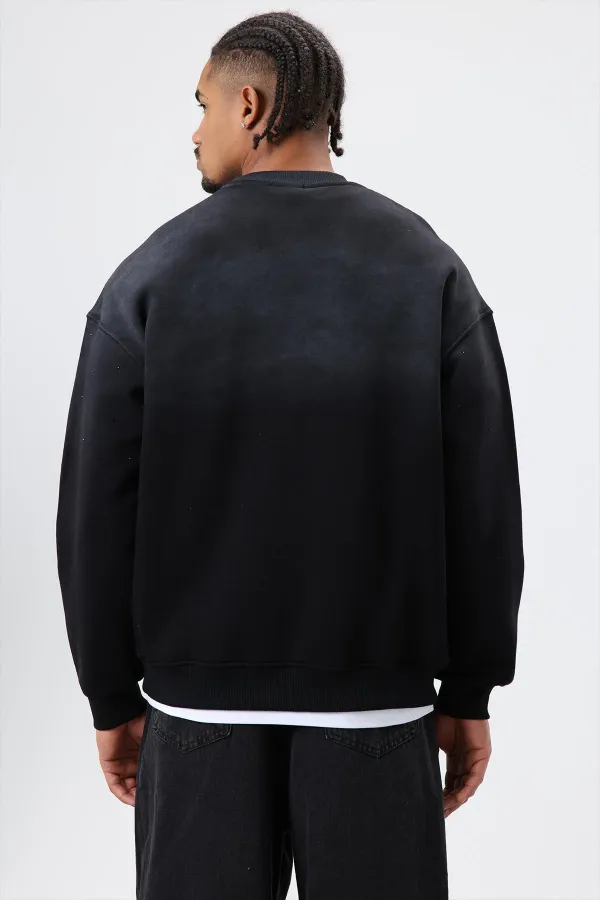 Yıkamalı Taş Detaylı Oversize Sweatshirt Siyah