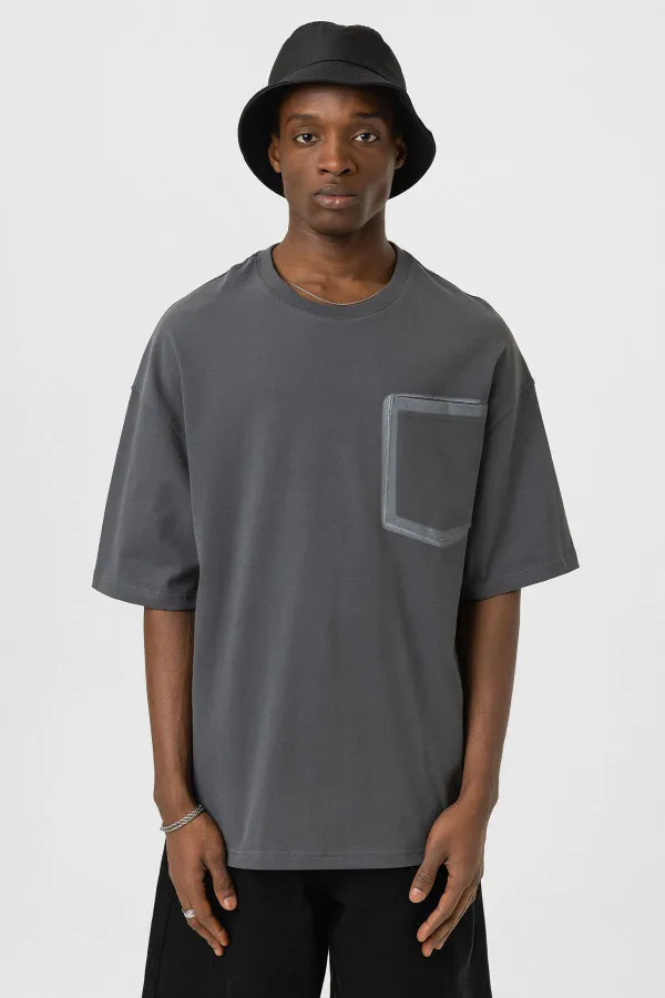 Bisiklet Yaka Cepli Oversize Tişört Füme