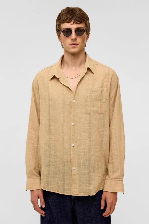 Chemise oversize rayée à manches longues en lin, couleur vison