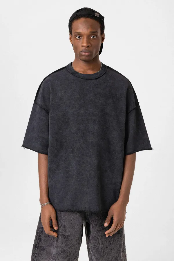 Yıkamalı Oversize Tişört Siyah