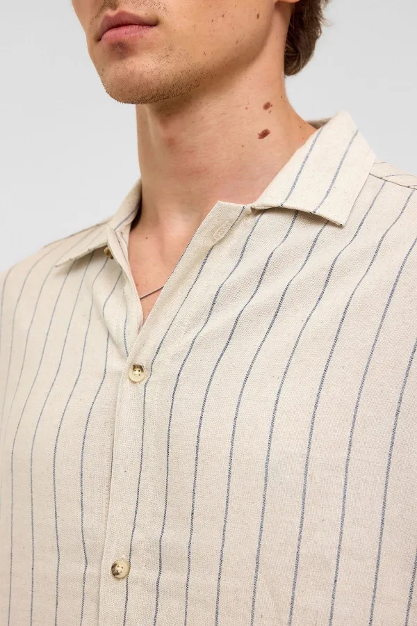 Oversize Long-Sleeved Striped Linen Shirt Indigo