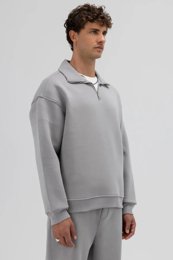 Oversize Fermuarlı Dik Yaka Sweatshirt Gri