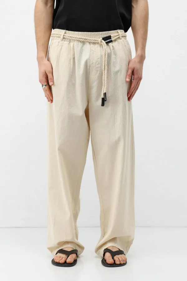 Kemer Detaylı Oversize Keten Pantolon Naturel