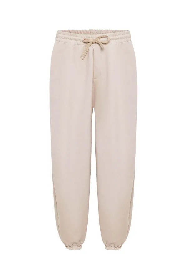 Basic Elastic Waist Oversize Sweatpants Beige