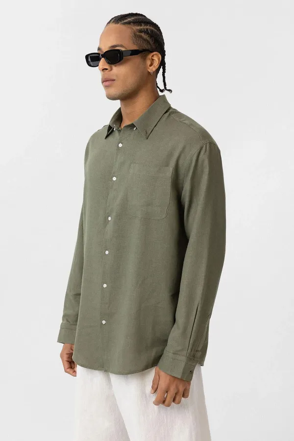 Cep Detaylı Oversize Uzun Kol Gömlek Haki