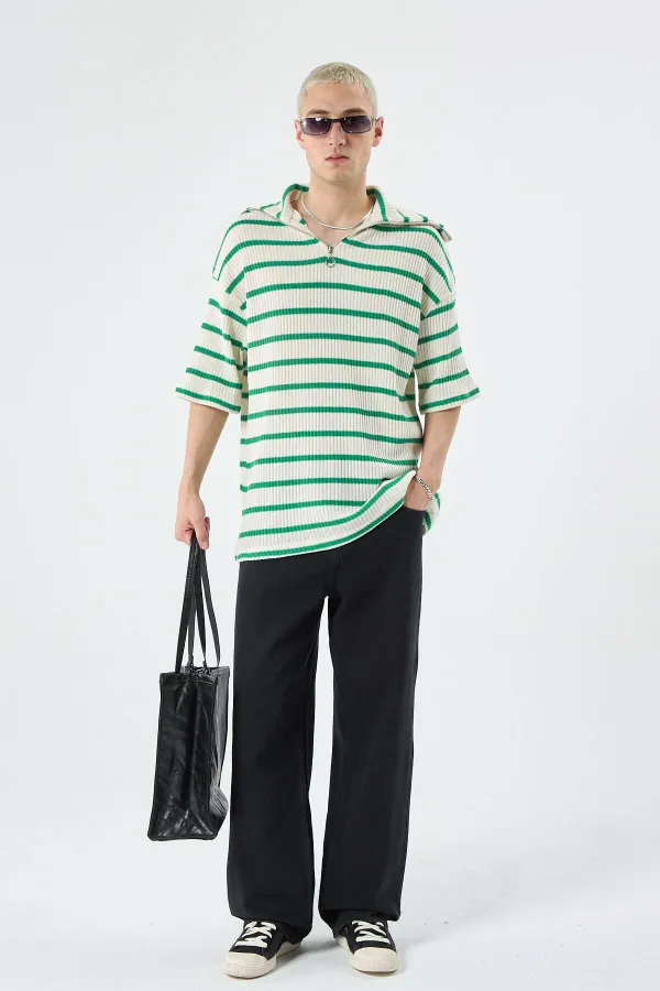 Oversize Çizgili Fermuarlı Yaka Triko Tişört Benetton