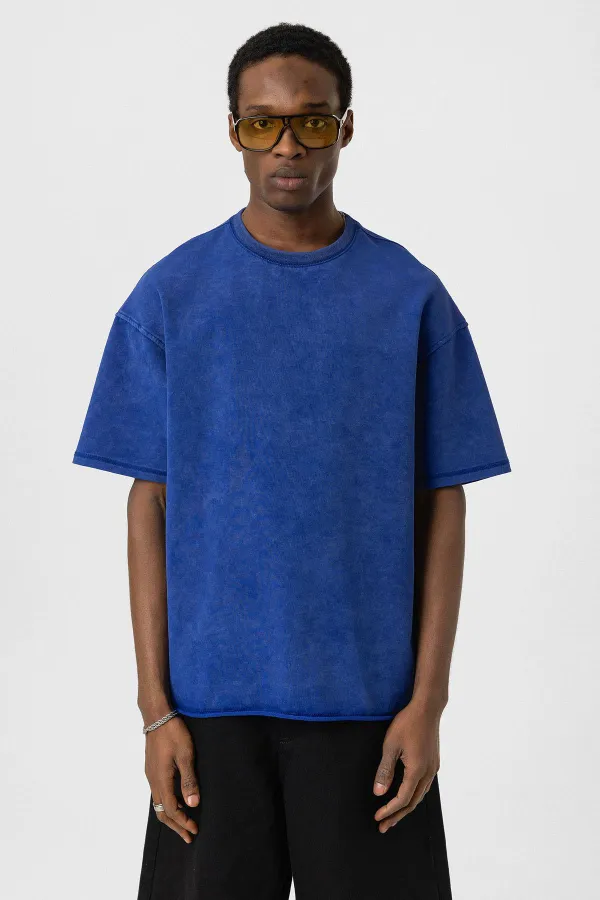 Yıkamalı Basic Oversize Tişört Saks