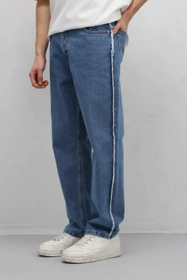 Yan Dikiş Detaylı Baggy Jean Mavi