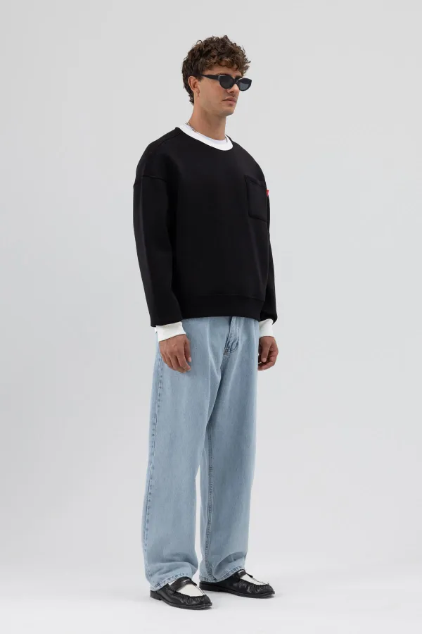 Crew Neck Oversize Sweatshirt with Pocket Detail, Black