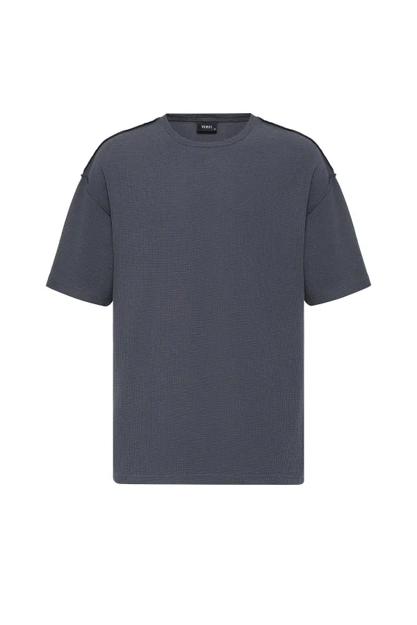 Arka Yazı Baskılı Oversize Triko Tişört Füme