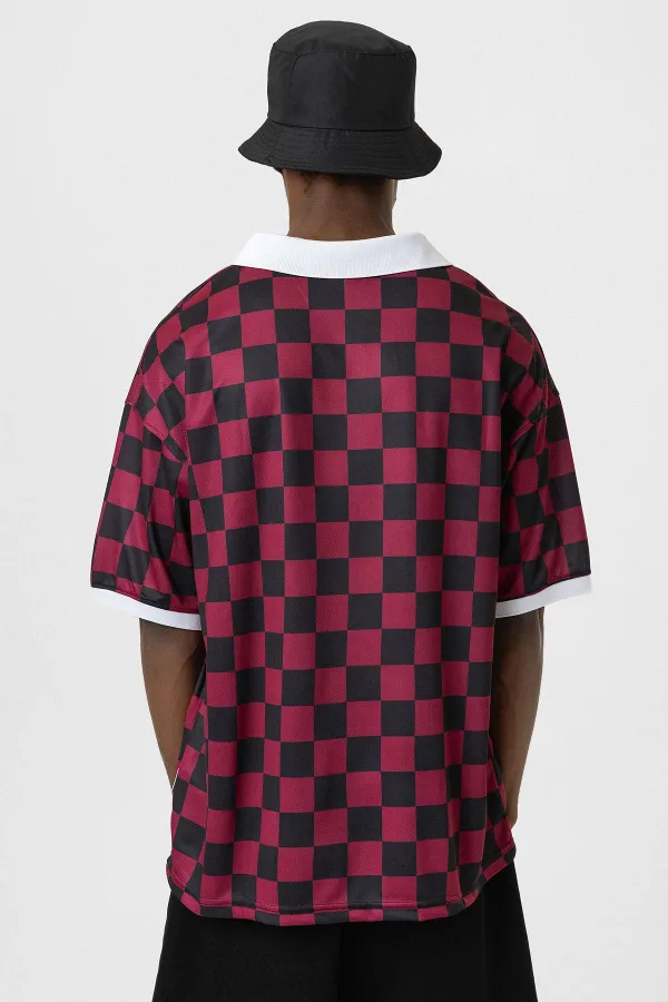 Oversize Polo Collar Jersey T-Shirt BURGUNDY/BLACK