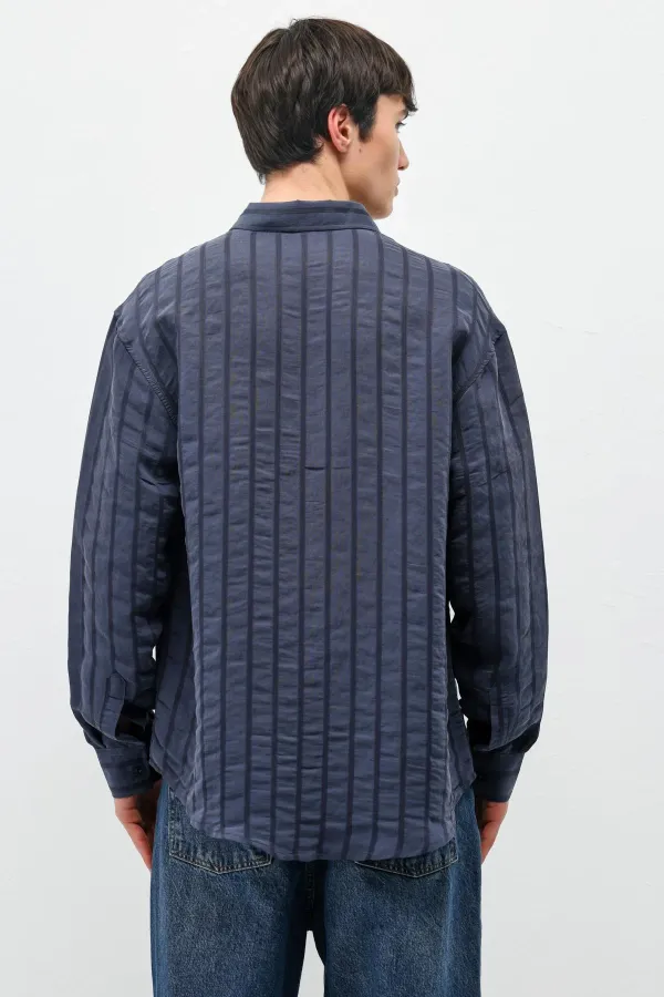 Çizgili Oversize Gömlek Lacivert