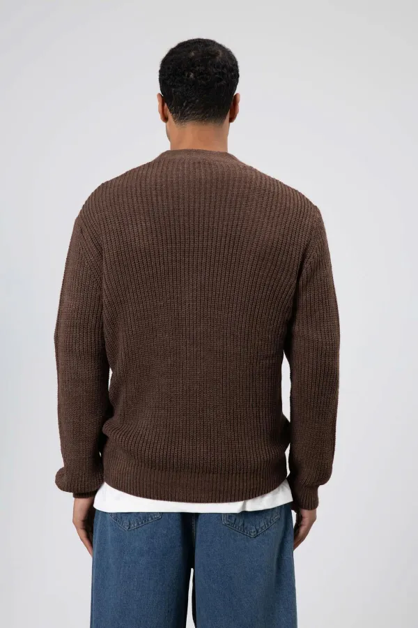 V Yaka Düğmeli Örgü Hırka Kazak Vizon