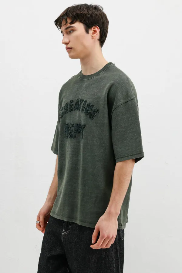 Yıkamalı Yazı Baskılı Oversize Tişört Nefti