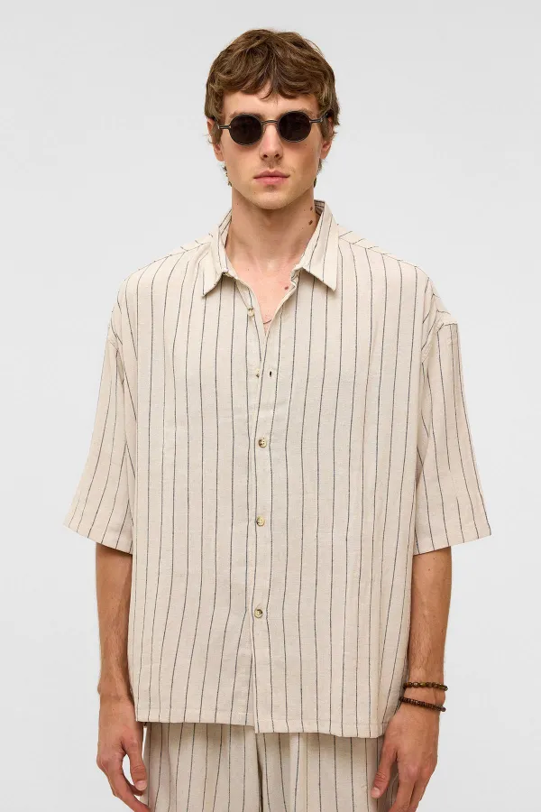 Oversize Çizgili Kısa Kollu Keten Gömlek Siyah