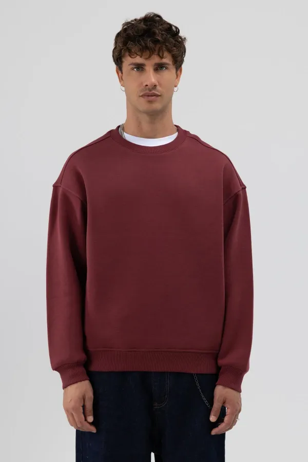 Sweat-shirt oversize basique à col rond bordeaux