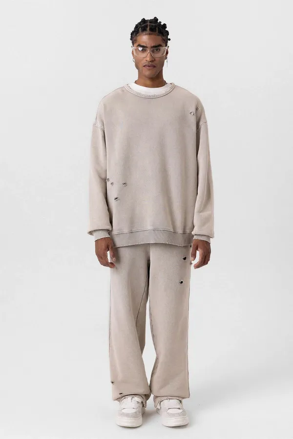 Premıum Yıkamalı Yırtık Detaylı Oversize Eşofman Takım Taş