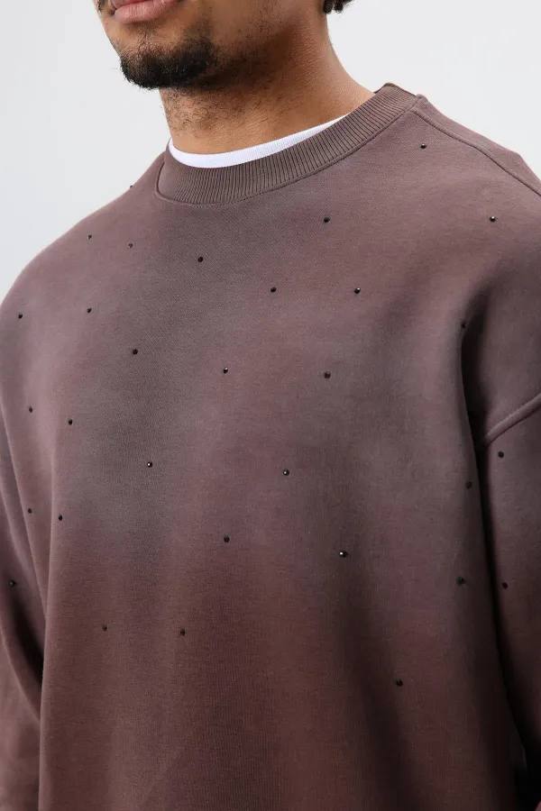 Washed Stone Detail Oversize Sweatshirt Coffee