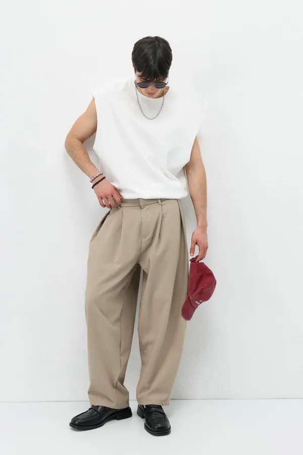 Barrel Fit Tailored Pantolon Bej