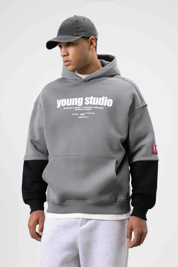 Oversize Baskılı Kapüşonlu Sweatshirt Füme