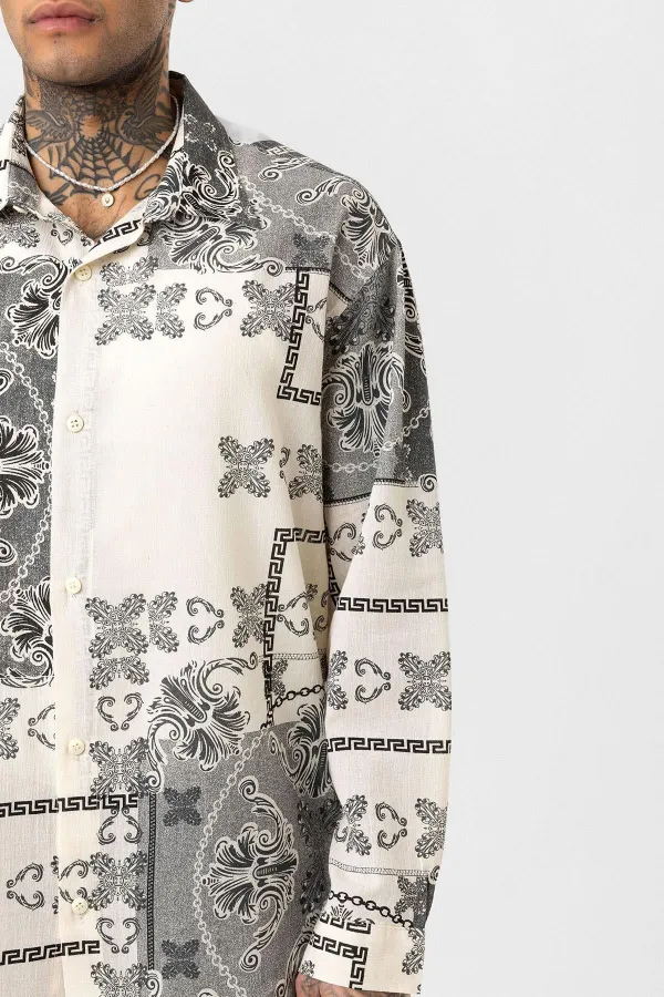 Chemise oversize à motifs ethniques, noire