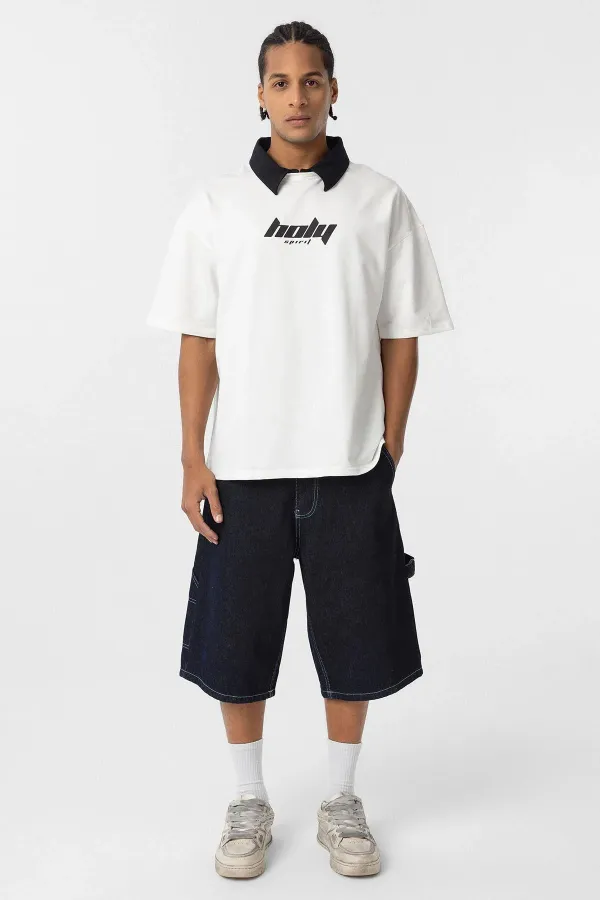 Polo Yaka Oversize Baskılı Tişört Ekru