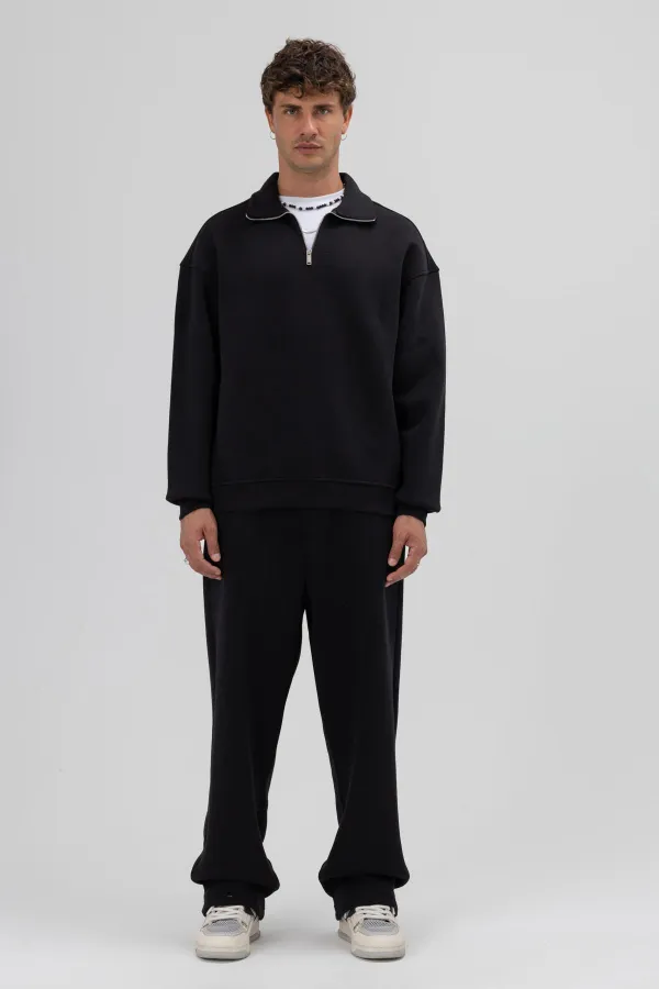 Oversize Fermuarlı Dik Yaka Sweatshirt Siyah