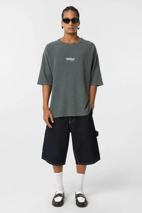 Yıkamalı Oversize Baskılı Triko Tişört Yeşil