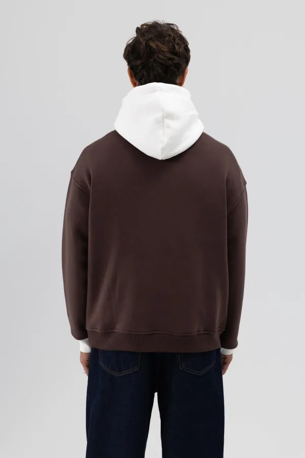Çift Renk Baskılı Oversize Sweatshirt Kahve