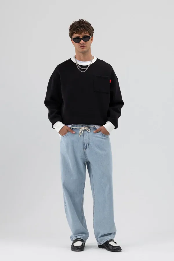 Crew Neck Oversize Sweatshirt with Pocket Detail, Black
