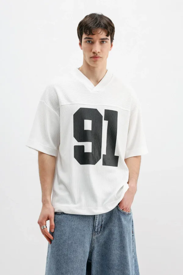 Printed Corduroy Oversize T-Shirt, Ecru