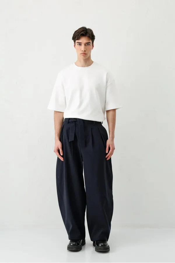 Barrel Fit Tailored Fit Kemerli Pantolon Lacivert