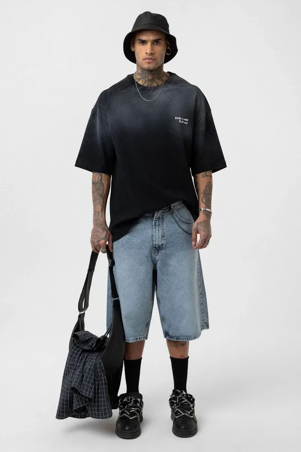 Yıkamalı Yazı Detaylı Oversize Tişört Siyah