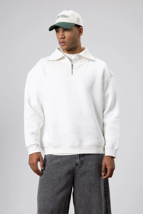 Sweat-shirt basique à fermeture éclair et col montant, écru