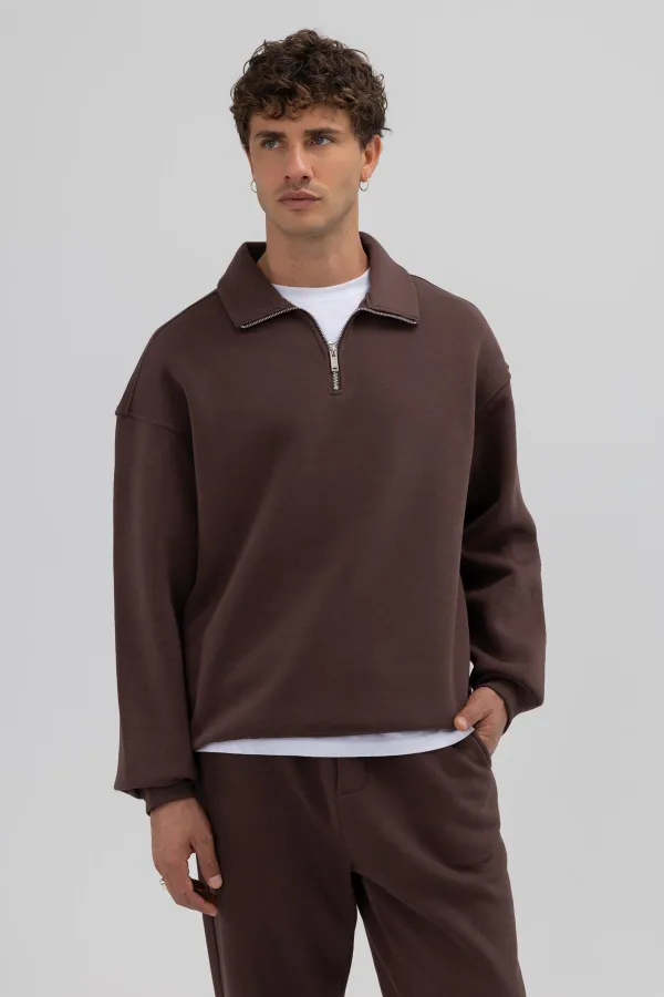 Oversize Zip-Up Stand-Up Collar Sweatshirt, Brown