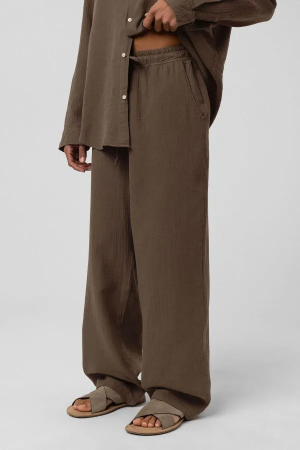 Baggy Fit Müslin Keten Pantolon Kahve