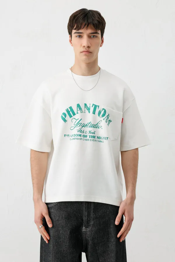 Kısa Kollu Boxy Fit Baskılı Tişört Ekru