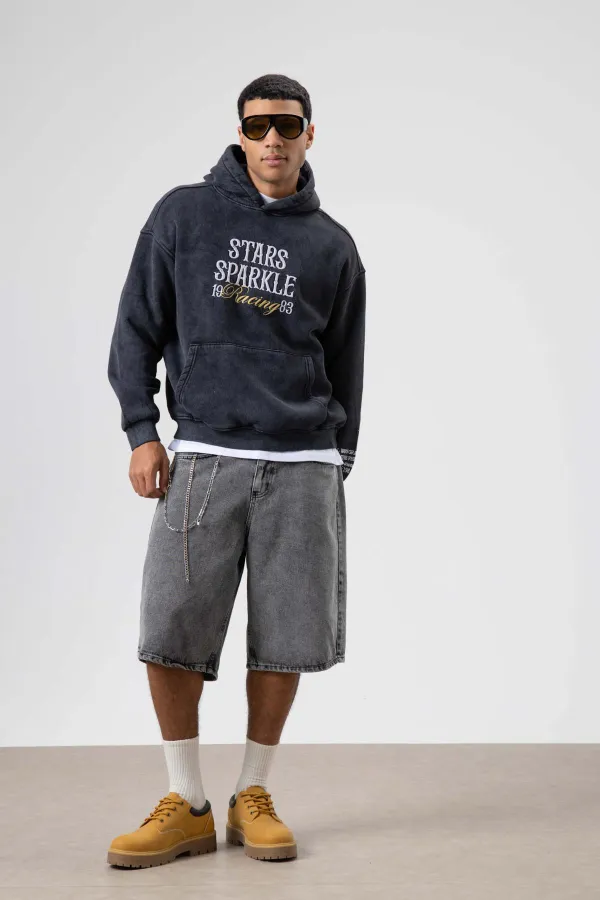 Oversize Nakış Baskılıkapüşonlu Sweatshirt Siyah