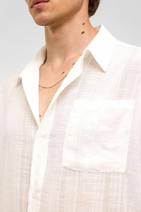 Oversize Çizgili Uzun Kollu Keten Gömlek Ekru