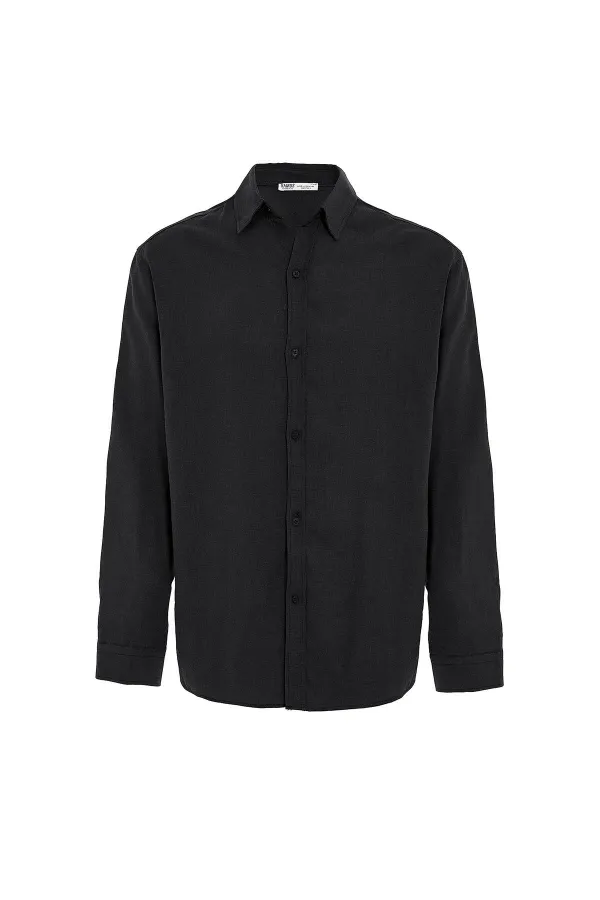 Basic Oversize Uzun Kollu Keten Gömlek Siyah